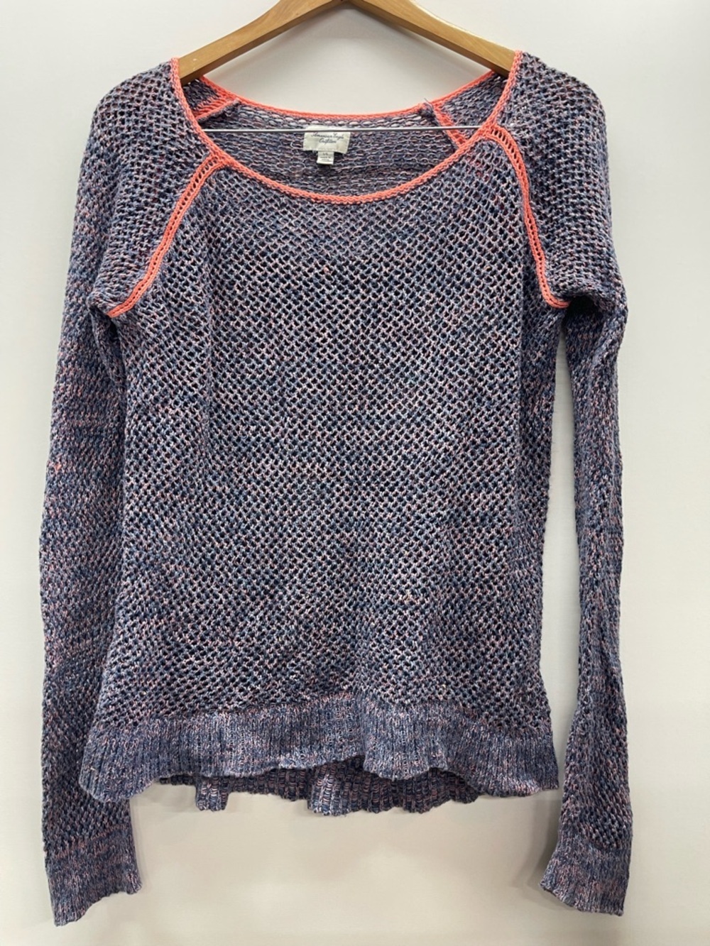 American‎ Eagle Open-Knit Crocheted Y2K  Lavender-Blue Sweater with Coral Trim